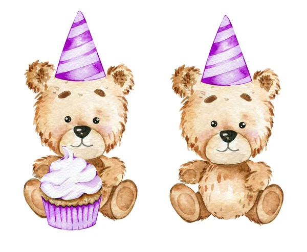 Şirin Bebek Ayı Suluboya Çizimi, beyaz arka planda izole edilmiş küçük ayı. Çocuk dekoru çizimleri için el yapımı sevimli hayvan resmi. Bebek partisi konsepti