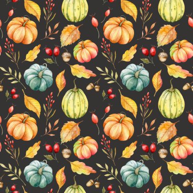 Suluboya balkabağı desenli zarif çiçek desenli. Şükran Günü arkaplanı. Suluboya Balkabağı Kusursuz Arkaplan