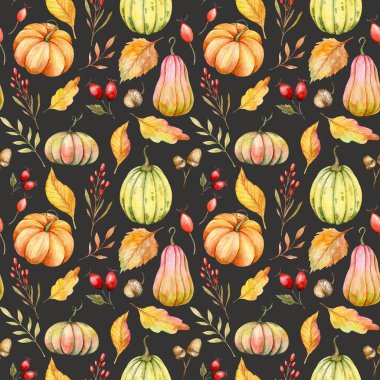 Suluboya balkabağı desenli zarif çiçek desenli. Şükran Günü arkaplanı. Suluboya Balkabağı Kusursuz Arkaplan