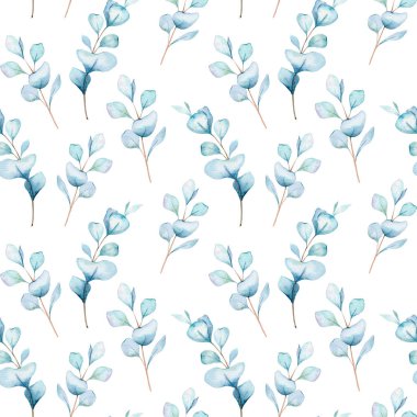 Okaliptüs yeşili, yapraklı, dallı kusursuz suluboya desenli. Duvar kağıtları, kartpostallar, tebrik kartları, düğün davetiyeleri, tekstil, etkinlikler için okaliptüs arka planı. Çiçek Suluboya
