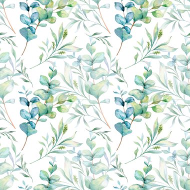Okaliptüs yeşili, yapraklı, dallı kusursuz suluboya desenli. Duvar kağıtları, kartpostallar, tebrik kartları, düğün davetiyeleri, tekstil, etkinlikler için okaliptüs arka planı. Çiçek Suluboya