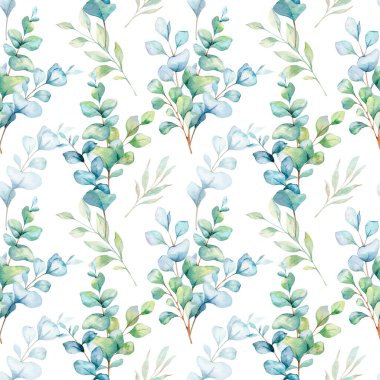 Okaliptüs yeşili, yapraklı, dallı kusursuz suluboya desenli. Duvar kağıtları, kartpostallar, tebrik kartları, düğün davetiyeleri, tekstil, etkinlikler için okaliptüs arka planı. Çiçek Suluboya