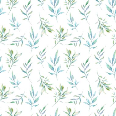 Okaliptüs yeşili, yapraklı, dallı kusursuz suluboya desenli. Duvar kağıtları, kartpostallar, tebrik kartları, düğün davetiyeleri, tekstil, etkinlikler için okaliptüs arka planı. Çiçek Suluboya