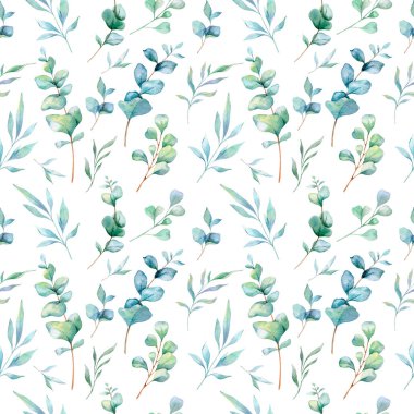 Okaliptüs yeşili, yapraklı, dallı kusursuz suluboya desenli. Duvar kağıtları, kartpostallar, tebrik kartları, düğün davetiyeleri, tekstil, etkinlikler için okaliptüs arka planı. Çiçek Suluboya