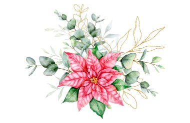 Eucalyptus and Poinsettia Christmas Bouquet Hand Painted Watercolor Illustration. Perfect for wedding invitations, floral labels, bridal shower and  floral greeting cards clipart