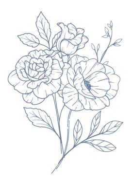 Yaban Çiçekleri Çizgisi. Siyah beyaz çiçek buketleri. Çiçek Rengi Sayfası. Çiçek Hattı Sanatı. İnce Hat Yabani Çiçekleri illüstrasyonu. El çizimi çiçekler. Botanik boyama. Düğün davetiyesi çiçekleri