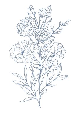 Yaban Çiçekleri Çizgisi. Siyah beyaz çiçek buketleri. Çiçek Rengi Sayfası. Çiçek Hattı Sanatı. İnce Hat Yabani Çiçekleri illüstrasyonu. El çizimi çiçekler. Botanik boyama. Düğün davetiyesi çiçekleri