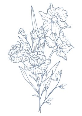 Yaban Çiçekleri Çizgisi. Siyah beyaz çiçek buketleri. Çiçek Rengi Sayfası. Çiçek Hattı Sanatı. İnce Hat Yabani Çiçekleri illüstrasyonu. El çizimi çiçekler. Botanik boyama. Düğün davetiyesi çiçekleri