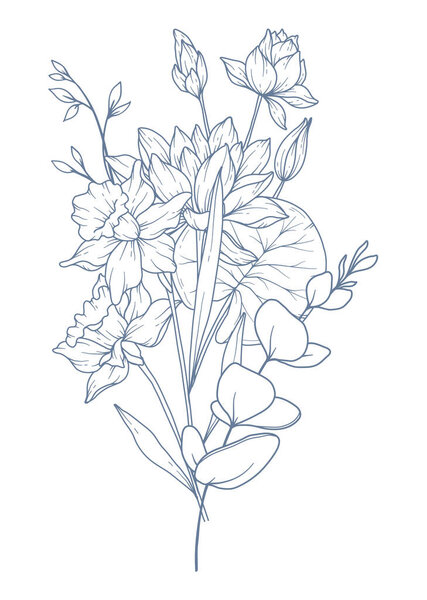 Wildflowers Line Drawing. Black and white Floral Bouquets. Flower Coloring Page. Floral Line Art. Fine Line Wildflowers illustration. Hand Drawn flowers. Botanical Coloring. Wedding invitation flowers