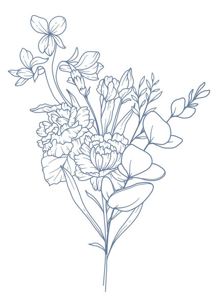Wildflowers Line Drawing. Black and white Floral Bouquets. Flower Coloring Page. Floral Line Art. Fine Line Wildflowers illustration. Hand Drawn flowers. Botanical Coloring. Wedding invitation flowers