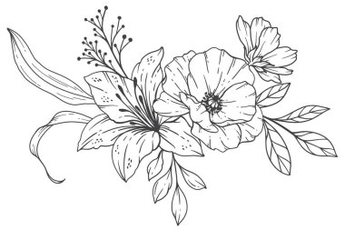 Yaban Çiçekleri Çizgisi. Siyah beyaz çiçek buketleri. Çiçek Rengi Sayfası. Çiçek Hattı Sanatı. İnce Hat Yabani Çiçekleri illüstrasyonu. El çizimi çiçekler. Botanik boyama. Düğün davetiyesi çiçekleri