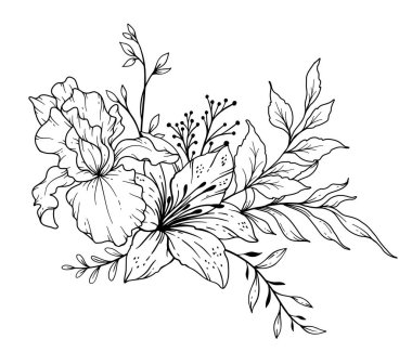Yaban Çiçekleri Çizgisi. Siyah beyaz çiçek buketleri. Çiçek Rengi Sayfası. Çiçek Hattı Sanatı. İnce Hat Yabani Çiçekleri illüstrasyonu. El çizimi çiçekler. Botanik boyama. Düğün davetiyesi çiçekleri