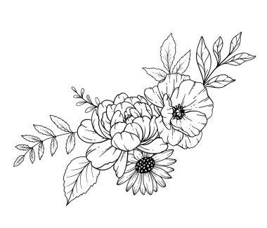 Yaban Çiçekleri Çizgisi. Siyah beyaz çiçek buketleri. Çiçek Rengi Sayfası. Çiçek Hattı Sanatı. İnce Hat Yabani Çiçekleri illüstrasyonu. El çizimi çiçekler. Botanik boyama. Düğün davetiyesi çiçekleri