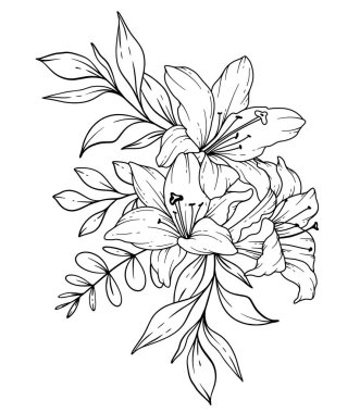 Lily Çizgisi Çizimi. Siyah beyaz çiçek buketleri. Çiçek Rengi Sayfası. Çiçek Hattı Sanatı. İnce Zambaklar illüstrasyonu. El çizimi çiçekler. Botanik boyama. Düğün davetiyesi çiçekleri