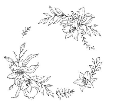 Lily Çizgisi Çizimi. Siyah beyaz çiçek desenleri. Çiçek Hattı Sanatı. İnce çizgi Lily illüstrasyonu. El çizimi çiçekleri. Botanik Renk Sayfası. Düğün davetiyesi çiçekleri