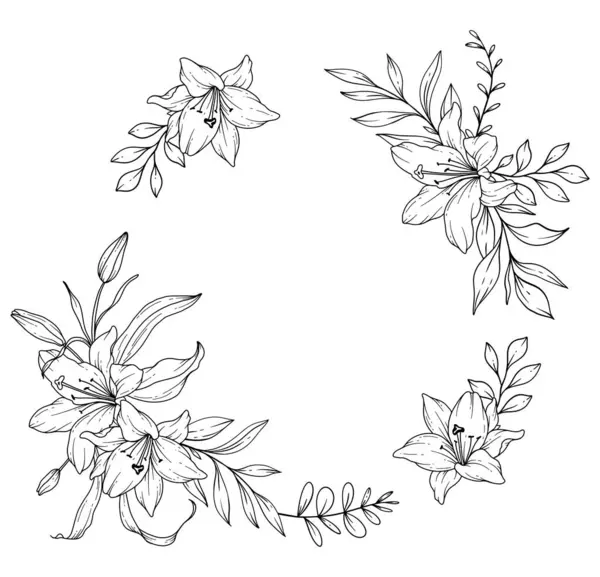 Lily Çizgisi Çizimi. Siyah beyaz çiçek desenleri. Çiçek Hattı Sanatı. İnce çizgi Lily illüstrasyonu. El çizimi çiçekleri. Botanik Renk Sayfası. Düğün davetiyesi çiçekleri