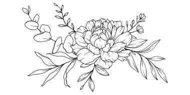 Şakayık Çizgisi Çizimi. Siyah beyaz çiçek buketleri. Çiçek Rengi Sayfası. Çiçek Hattı Sanatı. İnce Çizgili Şakayık çizimi. El çizimi çiçekler. Botanik boyama. Düğün davetiyesi çiçekleri