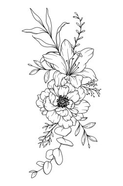 Şakayık Çizgisi Çizimi. Siyah beyaz çiçek buketleri. Çiçek Rengi Sayfası. Çiçek Hattı Sanatı. İnce Çizgili Şakayık çizimi. El çizimi çiçekler. Botanik boyama. Düğün davetiyesi çiçekleri