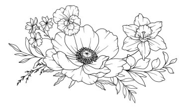 Bahar Çiçekleri Çizimi. Siyah beyaz çiçek buketleri. Çiçek Rengi Sayfası. Çiçek Hattı Sanatı. İnce Çizgi Çiçekleri illüstrasyonu. El çizimi çiçekler. Botanik boyama. Düğün davetiyesi çiçekleri