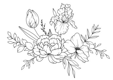 Bahar Çiçekleri Çizimi. Siyah beyaz çiçek buketleri. Çiçek Rengi Sayfası. Çiçek Hattı Sanatı. İnce Çizgi Çiçekleri illüstrasyonu. El çizimi çiçekler. Botanik boyama. Düğün davetiyesi çiçekleri