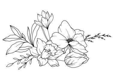 Bahar Çiçekleri Çizimi. Siyah beyaz çiçek buketleri. Çiçek Rengi Sayfası. Çiçek Hattı Sanatı. İnce Çizgi Çiçekleri illüstrasyonu. El çizimi çiçekler. Botanik boyama. Düğün davetiyesi çiçekleri