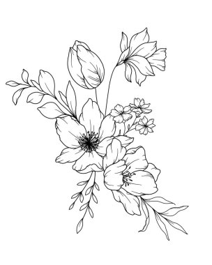 Bahar Çiçekleri Çizimi. Siyah beyaz çiçek buketleri. Çiçek Rengi Sayfası. Çiçek Hattı Sanatı. İnce Çizgi Çiçekleri illüstrasyonu. El çizimi çiçekler. Botanik boyama. Düğün davetiyesi çiçekleri