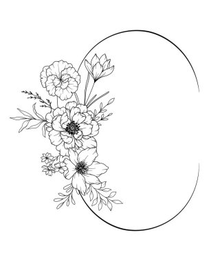 Bahar Çiçekleri Çizimi. Siyah beyaz çiçek desenleri. Çiçek Hattı Sanatı. İnce Çizgi Çiçekleri illüstrasyonu. El çizimi çiçekleri. Botanik Renk Sayfası. Düğün davetiyesi çiçekleri