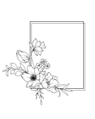 Spring Flowers Line Drawing. Black and white Floral Frames. Floral Line Art. Fine Line Flowers illustration. Hand Drawn Outline flowers. Botanical Coloring Page. Wedding invitation flowers clipart