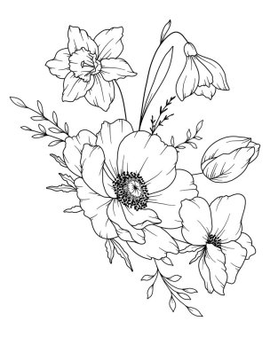 Bahar Çiçekleri Çizimi. Siyah beyaz çiçek buketleri. Çiçek Rengi Sayfası. Çiçek Hattı Sanatı. İnce Çizgi Çiçekleri illüstrasyonu. El çizimi çiçekler. Botanik boyama. Düğün davetiyesi çiçekleri