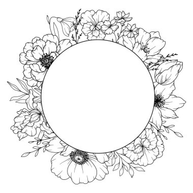 Bahar Çiçekleri Çizimi. Siyah beyaz çiçek desenleri. Çiçek Hattı Sanatı. İnce Çizgi Çiçekleri illüstrasyonu. El çizimi çiçekleri. Botanik Renk Sayfası. Düğün davetiyesi çiçekleri