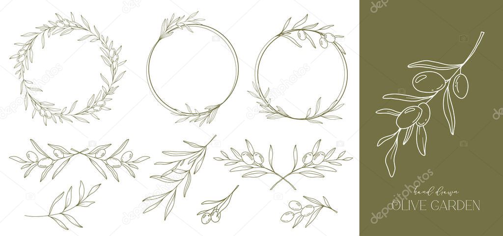 Olives Line Drawing. Black and white Olive Frame. Olive Wreath Isolated. Floral Line Art. Fine Line Olive  illustration. Black and white Olive Branches. Hand Drawn Olive. Wedding invitation greenery