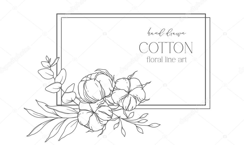 Hand Drawn Cotton Flowers Line Art Illustration. Cotton Balls isolated on white. Floral Line Art. Cotton Plant Black and white illustration. Fine Line Cotton illustration.