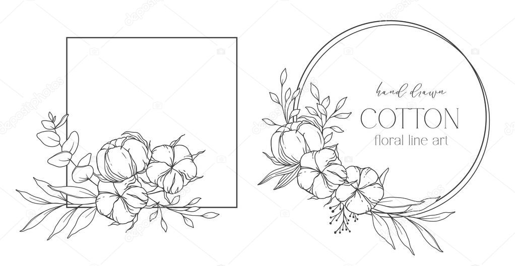 Hand Drawn Cotton Flowers Line Art Illustration. Cotton Balls isolated on white. Floral Line Art. Cotton Plant Black and white illustration. Fine Line Cotton illustration.
