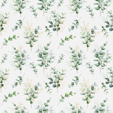 Okaliptüs yeşili, yapraklı, dallı kusursuz suluboya desenli. Duvar kağıtları, kartpostallar, tebrik kartları, düğün davetiyeleri, tekstil, etkinlikler için okaliptüs arka planı. Çiçek Suluboya