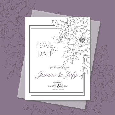 Çizgi Art Peony Flower Düğün Davetiyesi Şablonu, Minimalist Minimalist Düğün Kırtasiyesi 