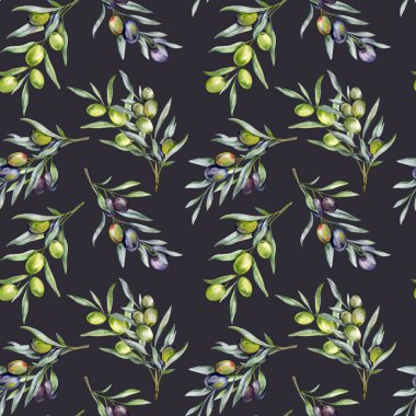 Zeytin dallı, kusursuz suluboya zeytin desenli. Duvar kağıtları, kartpostallar, tebrik kartları, düğün davetiyeleri, tekstil, etkinlikler için zeytin arkaplanı. Çiçek Suluboya