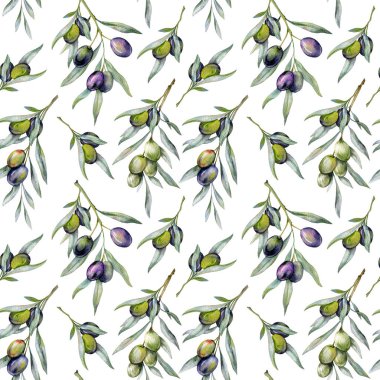 Zeytin dallı, kusursuz suluboya zeytin desenli. Duvar kağıtları, kartpostallar, tebrik kartları, düğün davetiyeleri, tekstil, etkinlikler için zeytin arkaplanı. Çiçek Suluboya