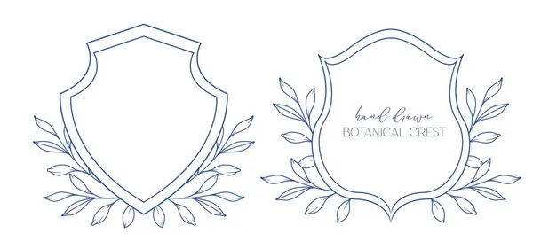 ウェディングクレストフラワーラインアートデザイン 植物クレストライン図面 緑のラインアート 葉と枝クレスト フローラルフレームラインアート モノグラム クレスト — ストックベクタ
