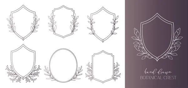 Wedding Crest Floral Line Art Design Desenho Linha Crest Botânico —  Vetores de Stock
