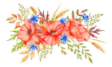 Poppy Flowers Suluboya Çizimi. Haşhaş Buketleri. Botanik Suluboya. Yaban çiçeği buketleri beyaz arka planda izole edilmiş el boyaları. Yabani çiçeklerinin düğün davetiyeleri ve gelin duşları için mükemmel. 