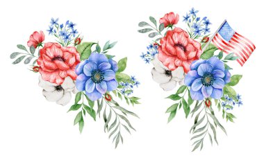 4 Temmuz Vatansever Konsepti. Vatansever Tasarım. Kırmızı Mavi ve Beyaz Çiçek Suluboya Çizimi. Bağımsızlık Günü tasarım elementi. El Boyalı Suluboya Botanik Çizimi.