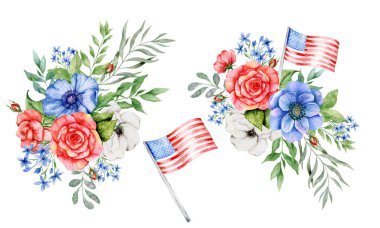 4 Temmuz Vatansever Konsepti. Vatansever Tasarım. Kırmızı Mavi ve Beyaz Çiçek Suluboya Çizimi. Bağımsızlık Günü tasarım elementi. El Boyalı Suluboya Botanik Çizimi.