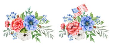 4 Temmuz Vatansever Konsepti. Vatansever Tasarım. Kırmızı Mavi ve Beyaz Çiçek Suluboya Çizimi. Bağımsızlık Günü tasarım elementi. El Boyalı Suluboya Botanik Çizimi.