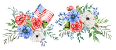 4 Temmuz Vatansever Konsepti. Vatansever Tasarım. Kırmızı Mavi ve Beyaz Çiçek Suluboya Çizimi. Bağımsızlık Günü tasarım elementi. El Boyalı Suluboya Botanik Çizimi.