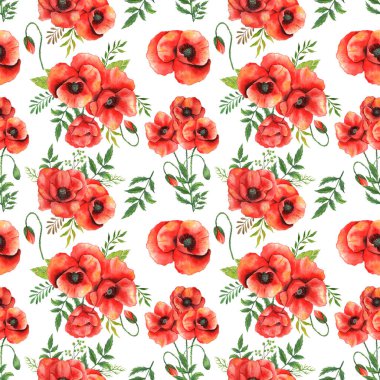 Poppy suluboya arka plan. Yeşil Yapraklar ve Çiçekler Kova Moda Grafikleri. Yeşillik dalları ve çiçek açan kır çiçekleri kusursuz desen. Lüks düğün davetiyeleri, kartlar, etiketler için kırmızı haşhaş buketleri.