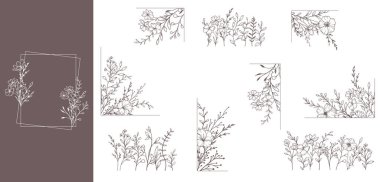 Kır çiçekleri ve yaprak çizgileri olan modaya uygun çiçek çerçeveleri. Botanik Çizgisi Yaban Çiçekleri Koleksiyonu. El çizimi sanat grafikleri. Lüks Çiçek Sanatı. Zarif düğün davetiyeleri, modaya uygun minimalist kartlar için mükemmel, tarihi kaydet