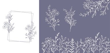 Kır çiçekleri ve yaprak çizgileri olan modaya uygun çiçek çerçeveleri. Botanik Çizgisi Yaban Çiçekleri Koleksiyonu. El çizimi sanat grafikleri. Lüks Çiçek Sanatı. Zarif düğün davetiyeleri, modaya uygun minimalist kartlar için mükemmel, tarihi kaydet