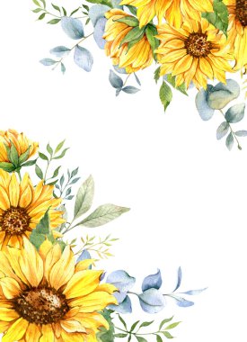 Ayçiçekleri Suluboya Çizimi. Ayçiçeği çerçevesi. Ayçiçeği buketi. Sarı Çiçek Çiçekleri. Çiftlik evi tarzı grafikler. Kırsal Yeşillik Dalları ve Çiçek Açan Ayçiçekleri. Beyaz arkaplanda izole edilmiş sarı çiçek buketleri