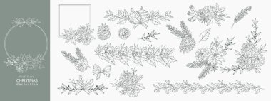 Kış yeşili, puantiyeli, kutsal ökseotu, çam kozalaklı El Çizimi Noel Botanikleri seti. Kış Bitkileri Taslağı. Noel Tasarımı. Noel Çiçek Tasarımı. Kış Tatili Dekorasyonu.