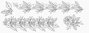 Kış yeşili, puantiyeli, kutsal ökseotu, çam kozalaklı El Çizimi Noel Botanikleri seti. Kış Bitkileri Taslağı. Noel Tasarımı. Noel Çiçek Tasarımı. Kış Tatili Dekorasyonu.